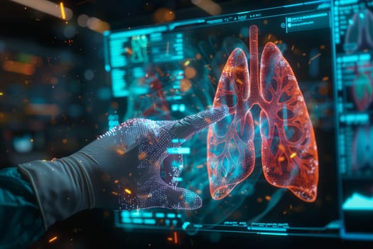 A hand pointing at a computer screen displaying an image of lungs. Medical analysis, diagnosis, healthcare technology concept.