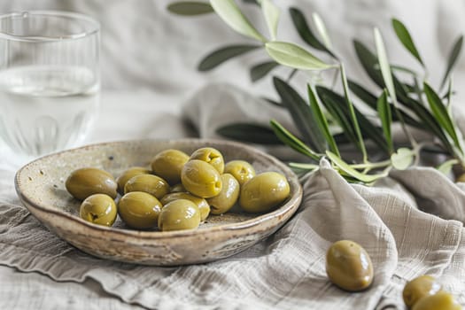 A bowl filled with green olives sits next to a glass of water on a table.