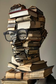 A unique composition featuring a stack of books arranged to create the facial features of a man.