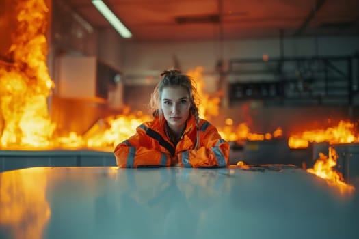 A firefighter girl sits in a room at a table and a fire blazes in the background. Defeat in the office. Blonde firewoman.