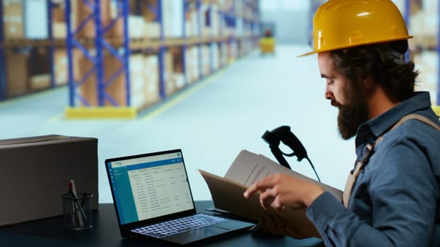 Export manager creating invoice for cargo shipment, working on delivery and transportation logistics. Warehouse employee checking dispatch notes for order receipt, inventory management.