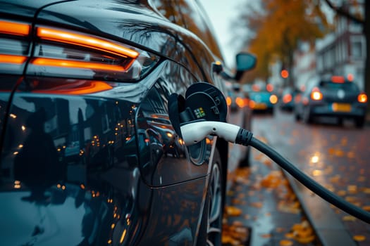 An electric car plugged into a charging station on a busy city street, with buildings in the background.