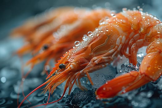 A detailed view of a shrimp resting on a bed of ice, showcasing its intricate features and texture.