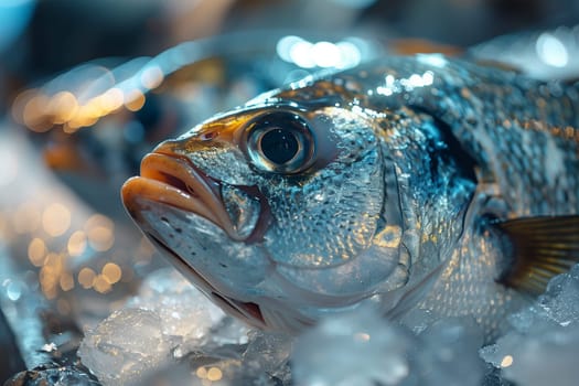 A detailed view of a fish lying on a bed of ice, showcasing its scales and fins. The icy surface contrasts with the fishs vibrant colors.