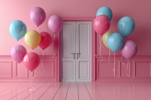 A vibrant arch of colorful balloons adorns the door of a pink room, creating a festive and cheerful decoration for any event or party supply