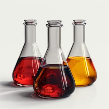 Three drinkware beakers filled with various colored liquids, possibly cognac, fruit syrup, or plantbased ingredients, displayed on a clean white tableware background