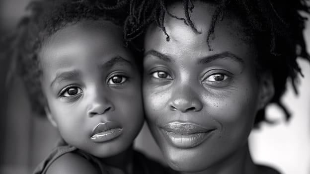 A close-up black and white photo captures the affectionate bond between a mother and her young child as they pose for the camera - Generative AI