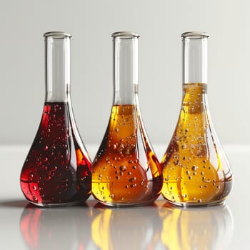 Three beakers filled with various colored liquids are displayed on a table, showcasing different hues and textures of the fluid ingredients