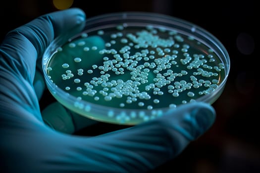 The individual is grasping a petri dish containing bacteria suspended in a liquid. The fluid is an electric blue color, confined within a glass circle
