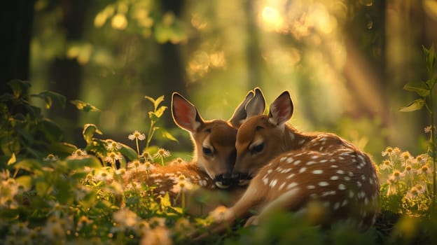 Two spotted fawns lie close together, basking in the warm glow of sunshine filtering through trees - Generative AI