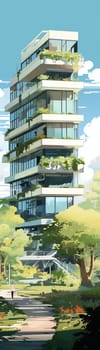 A contemporary multi-level building featuring verdant green balconies and lush surroundings stands under a bright blue sky - Generative AI