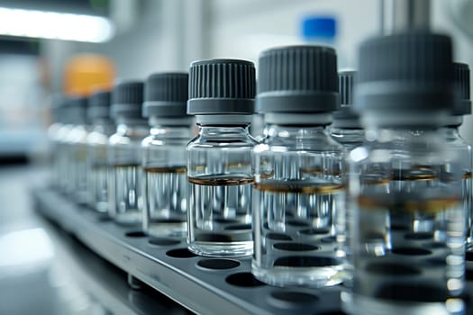 A row of drinkware bottles filled with liquid, such as drinking water or mineral water, are displayed on a shelf in a laboratory