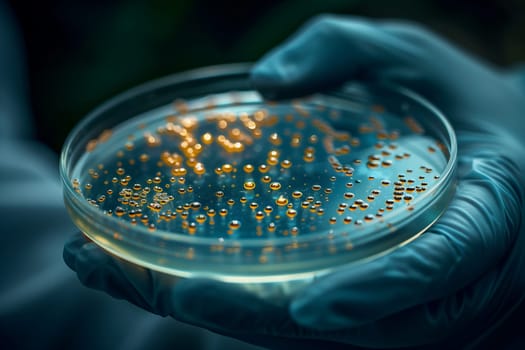 A person is holding a petri dish filled with a liquid containing electric blue bacteria. The transparent glass dish is shaped like a circle and the bacteria is a chemical compound used in experiments