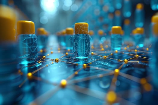 An electric blue computer generated image depicts a network of liquidfilled bottles connected to each other. This fusion of drinkware and technology creates a fluid and scienceinspired artwork