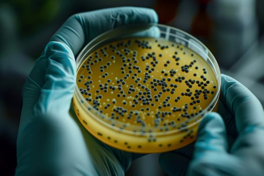 The person is observing bacteria in a petri dish, potentially studying its growth patterns. The bacteria could be used in food, plant growth, or even in a beehive for beneficial purposes