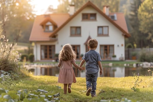 A young couple strolls hand in hand towards a quaint cottage nestled in a residential area surrounded by lush greenery and trees
