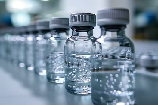 A row of plastic bottles filled with mineral water on a conveyor belt, showcasing the different shades of the liquid inside each drinkware