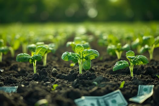 A field of terrestrial plants and grass covering the ground with money scattered among them, creating a unique natural landscape