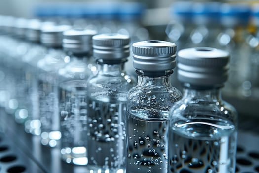 A line of plastic bottles filled with mineral water moving on a conveyor belt, ready for drinking. The clear liquid is a refreshing drink