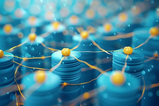 A computergenerated image featuring a network of electric blue cylinders and aqua yellow balls interconnected, resembling a symmetrical pattern of a liquidfilled glass structure