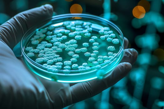 The person is holding a petri dish with electric blue bacteria in it, possibly used as an ingredient in cuisine or to produce food