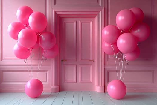 A cluster of pink balloons arranged in front of a white door, capturing the vibrant shades of magenta, red, and violet. The light illuminates the balloons, creating a colorful party supply scene