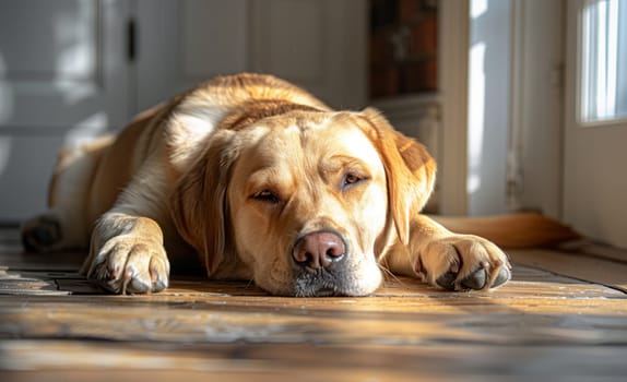A carnivorous terrestrial animal, a dog of a specific breed, is lounging on a hardwood floor in a room. This companion dog looks bored, surrounded by dog supplies