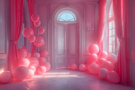 An interior design featuring a room filled with magenta balloons and pink curtains, complemented by wooden furniture and art pieces