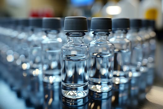 A stack of plastic bottles filled with mineral water, arranged on a table as drinkware. Each bottle holds refreshing drinking water, ready to quench your thirst