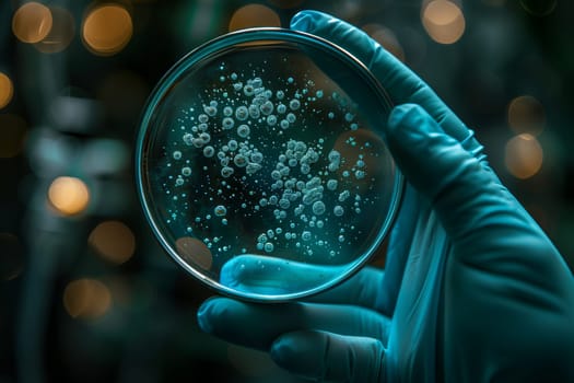 A person is holding a petri dish filled with electric blue bacteria. The circular glass container reflects the light in a mesmerizing way, showcasing the beauty of science through macro photography
