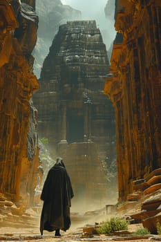 Ancient temple explorer scene created with a mythic and adventurous tone, using rich, earthy colors.
