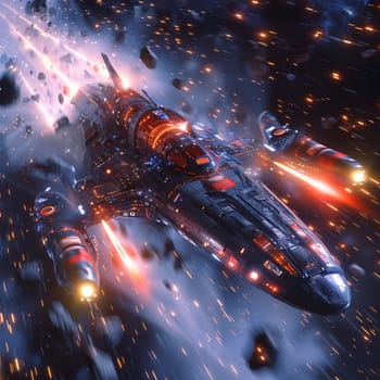 Spaceship hurtling through an asteroid belt, depicted in a thrilling 3D style with dynamic lighting.