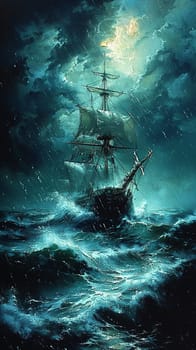 Stormy sea voyage illustrated with dynamic brushstrokes and a moody, atmospheric palette.