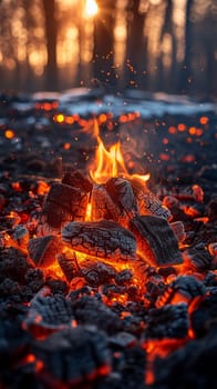 Glowing embers in a campfire, capturing warmth and adventure themes.