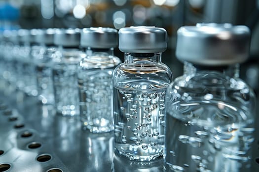 A lineup of liquidfilled bottles, made of glass or plastic, moves along a conveyor belt. These drink containers can be used for various beverages