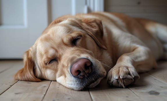 A carnivorous terrestrial animal, the dog, of a fawncolored companion dog breed, is laying bored on the wood flooring with its eyes closed