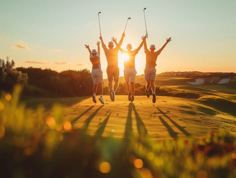 A group of people are joyfully jumping in the air with golf clubs on a lush green golf course, under the open sky, surrounded by natural landscape