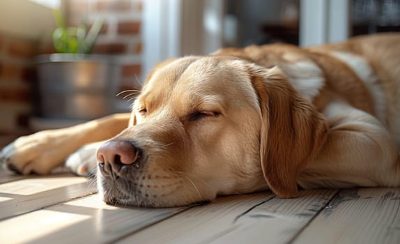 A fawncolored dog of a certain dog breed, a carnivore, is lounging on a hardwood flooring. The companion dog looks bored, resting on the wooden floor