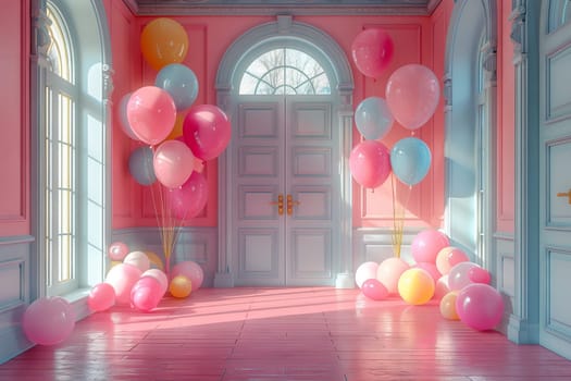 The room is filled with colorful balloons, creating a fun and festive atmosphere. The pink balloons float around the interior design, adding a playful touch to the space