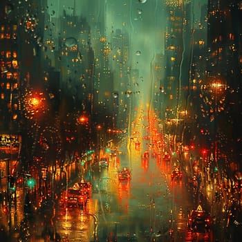 A cityscape seen through a rain-soaked window, creating a dreamy and abstract view.