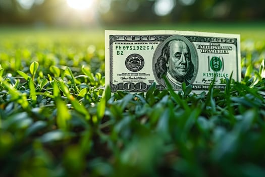 A dollar banknote is nestled in the lush green grass, blending with the terrestrial plants. People in nature handling cash currency