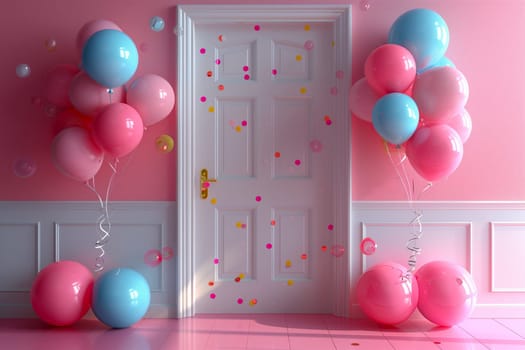A photograph of an interior design featuring a room with magenta walls, a white door adorned with pink and violet balloons. Light fixture with pink and blue hues adds a pop of color