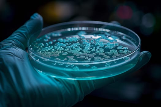 The person is holding a petri dish with electric blue liquid containing bacteria. The closeup shows organism colonies forming circular patterns on the glass surface