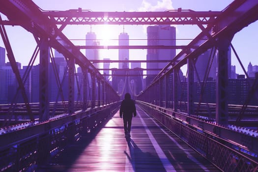 a person is walking across a bridge with a city in the background . High quality