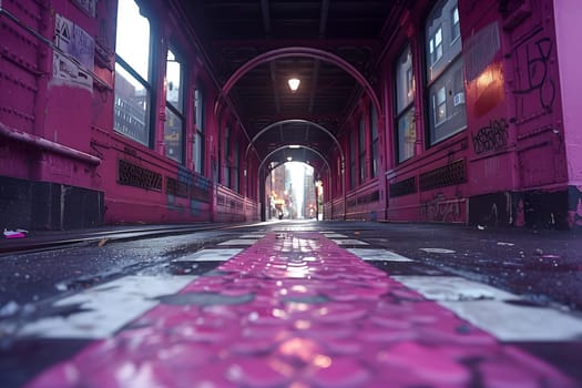 The building featured a purple and white checkered floor in the tunnel, creating a symmetrical and artistic design. The violet, magenta, and electric blue accents added a pop of color to the space