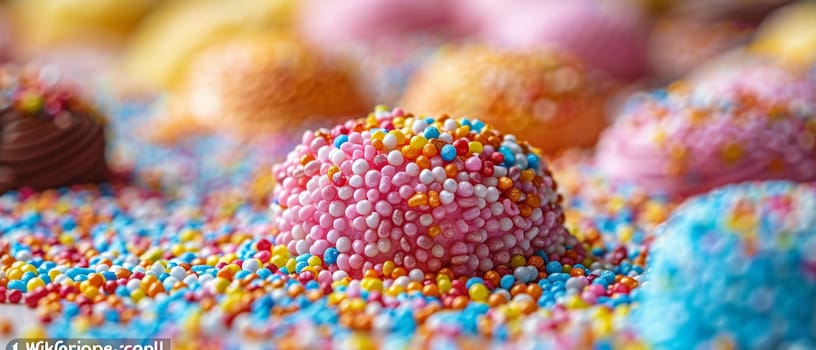 Macro shot of colorful sprinkles on a white background, creating a playful and vibrant texture.