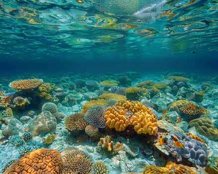 Shallow coral reef with clear water above, capturing tropical marine ecosystems.