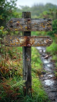 A weathered wooden signpost in a rural setting, pointing in multiple directions, evoking choice and adventure.