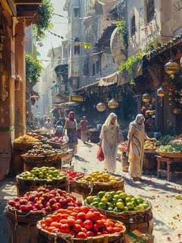 The vibrant hustle of a street market, captured in the colors and textures of goods.