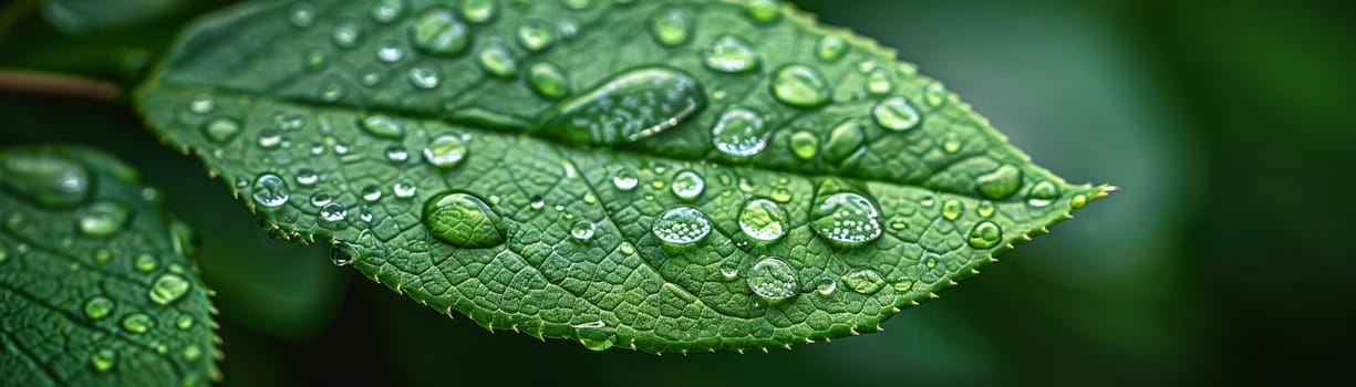 Close-up of raindrops on a vibrant green leaf, illustrating life and refreshment.